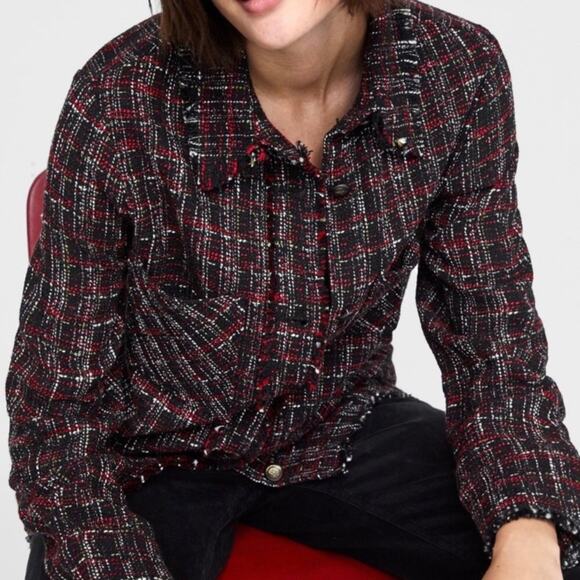 Zara Tweed Shacket Black Red Shirt Jacket Fringe Preppy Boho Contemporary Size S - Picture 14 of 15